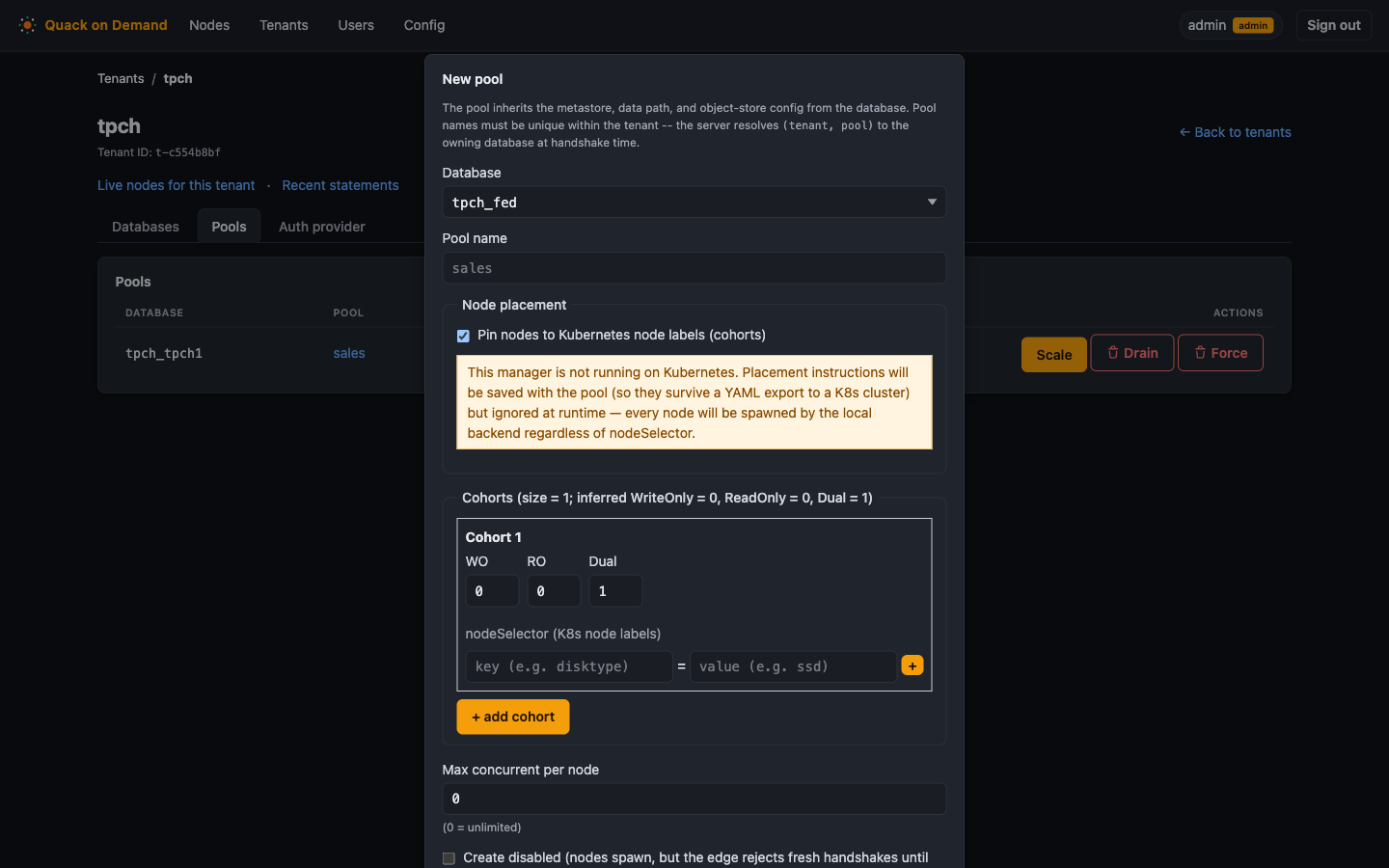 The New pool form with the cohort placement editor open