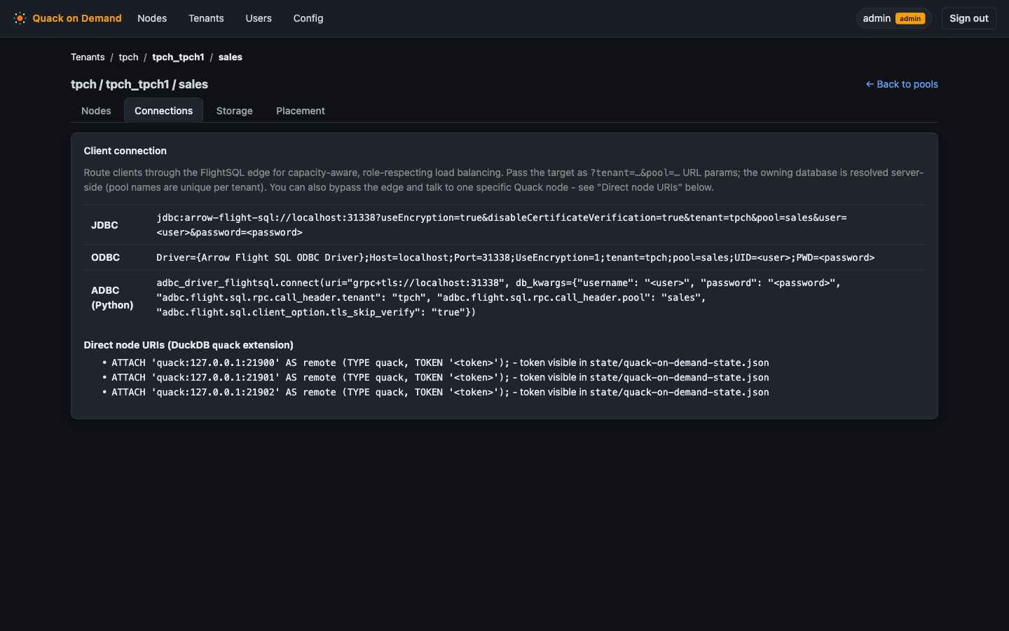 The pool Connections tab with client connection strings