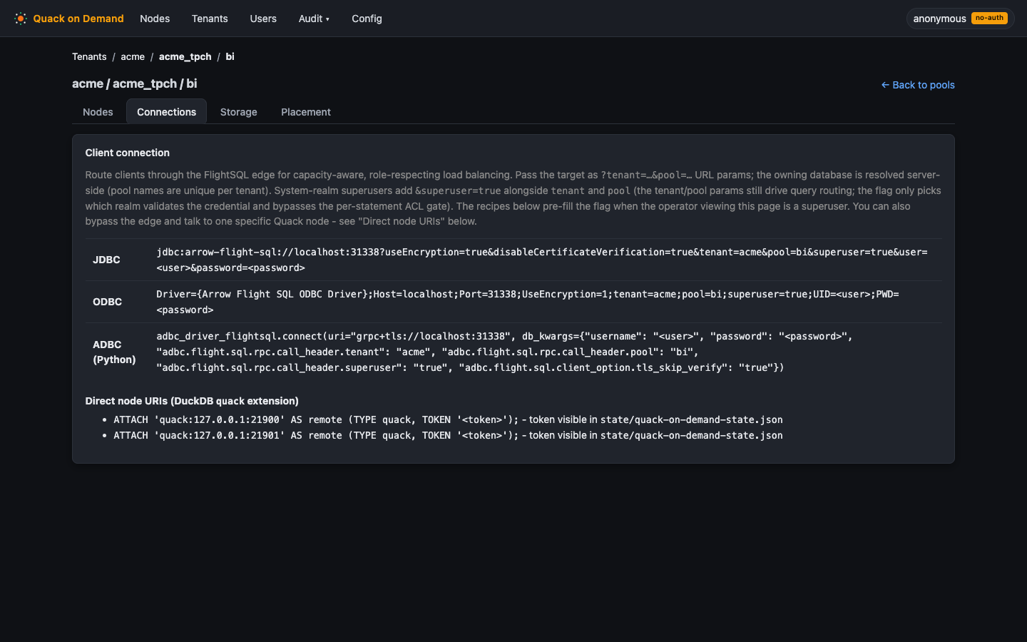 The pool Connections tab with client connection strings