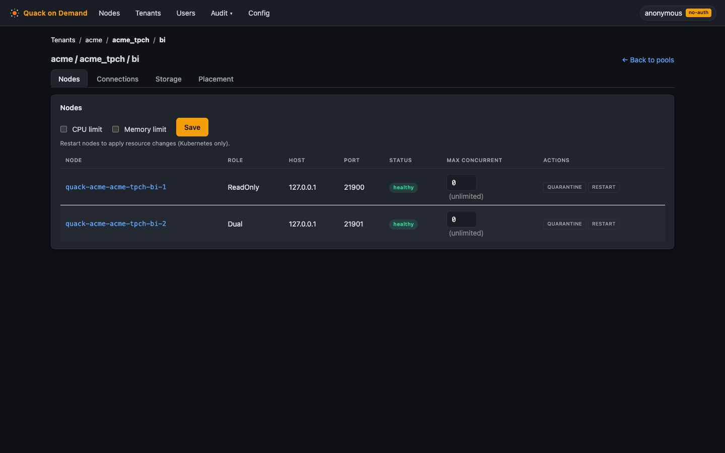 The pool detail page on the Nodes tab