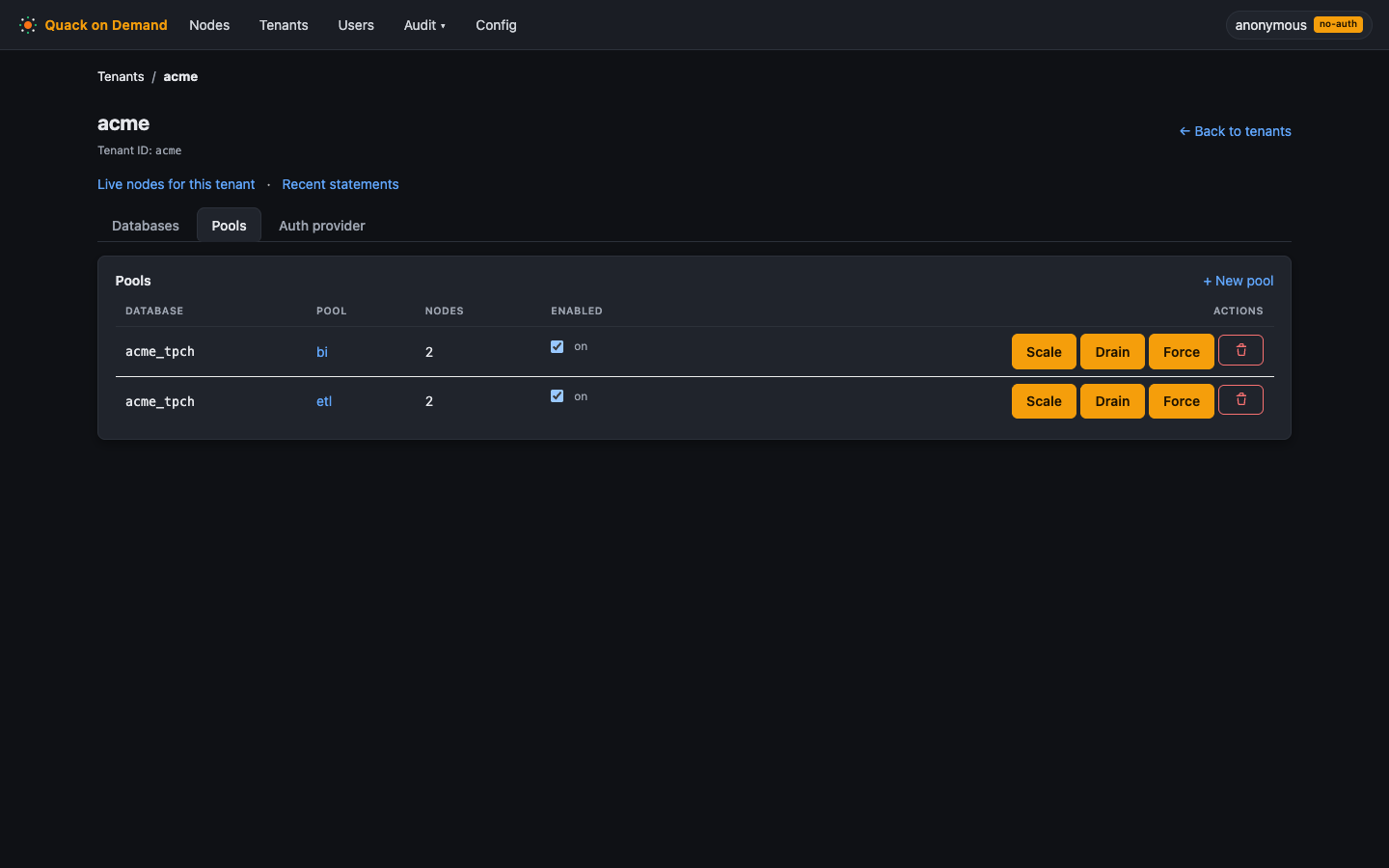 The tenant detail page on the Pools tab