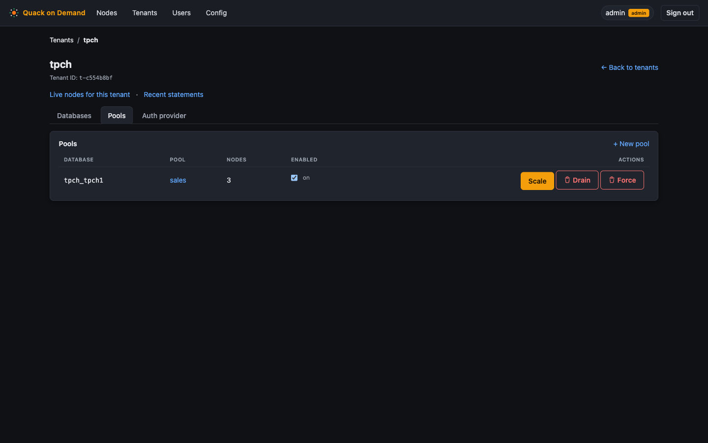 The tenant detail page on the Pools tab